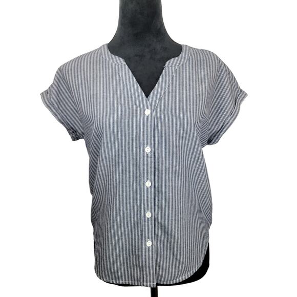 Bobi Los Angeles Revolve Women's Button Front Yoke Shirt Navy Striped Size XS - Picture 1 of 10